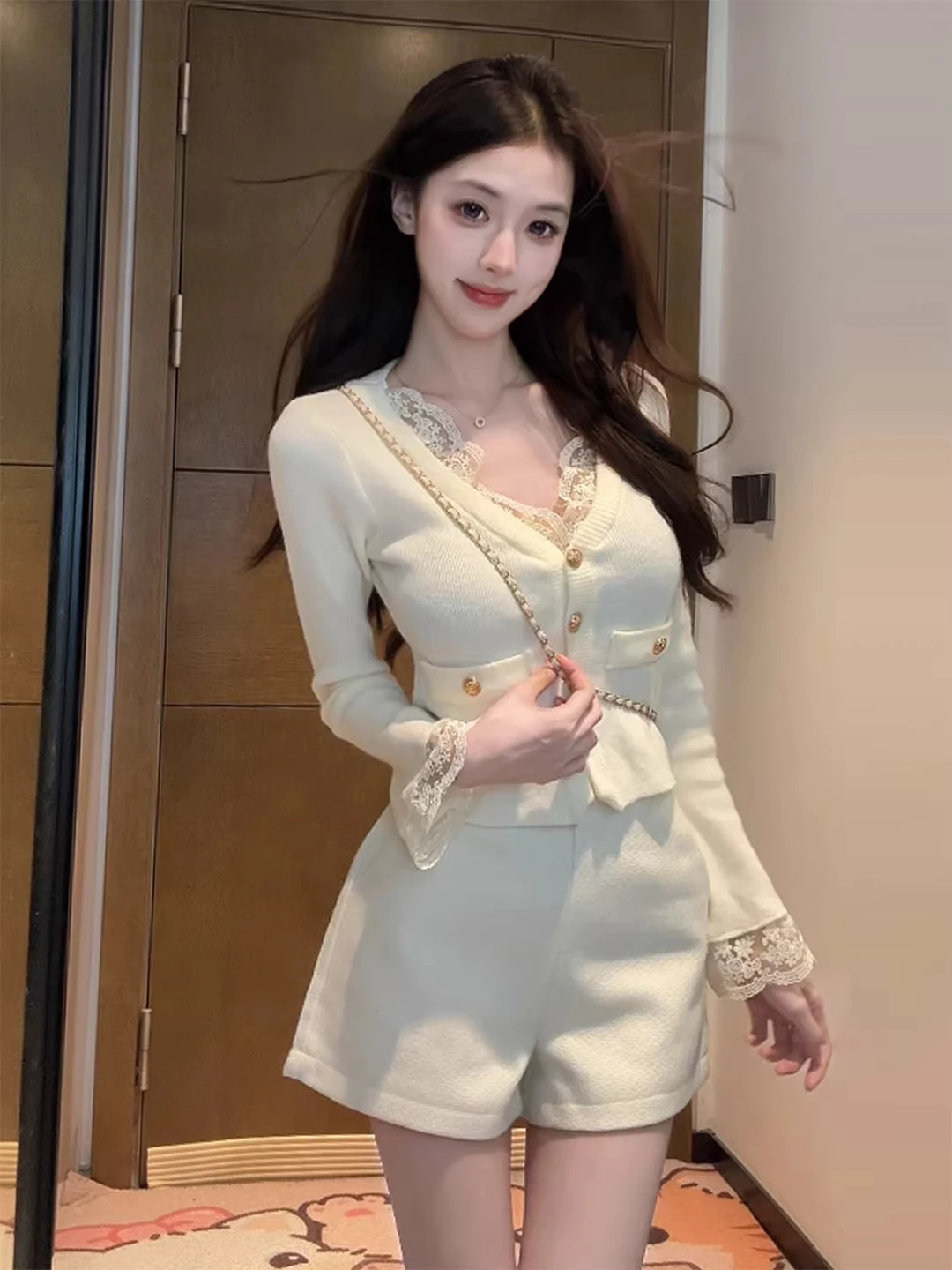  Lace V-Neck Knitted Sweater Coat Women's Autumn Winter Fashion Gentle  Golden Button Soft Medium Thickness Lon...
