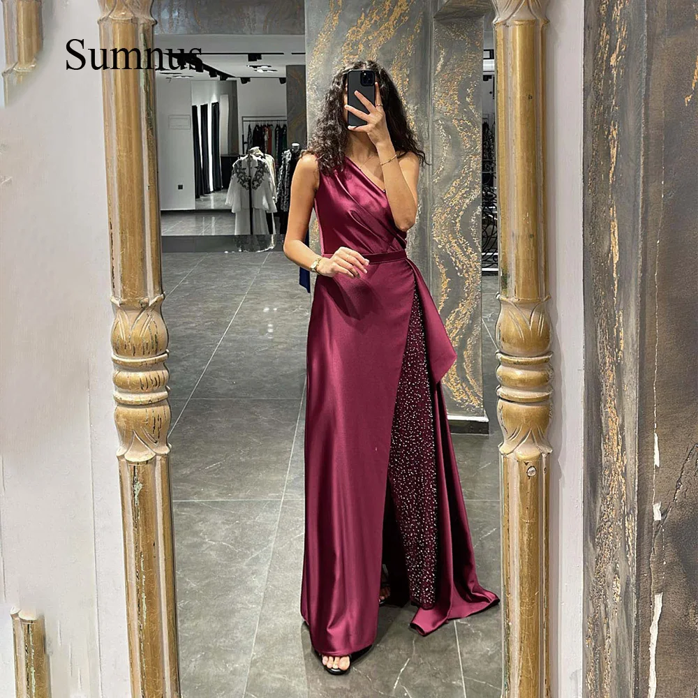 

Sumnus Saudi Arabia One Shoulder Evening Dresses Side Split Silk Satin A Line Dubai Party Event Dress Long Women Formal Gowns