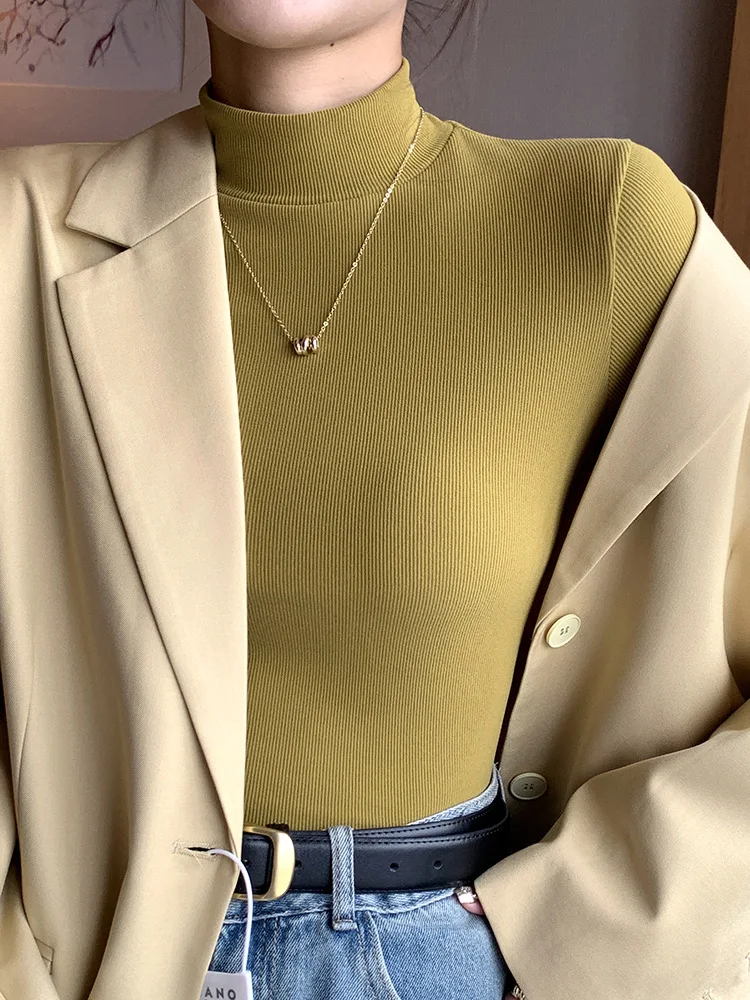 

Women's Mock Neck Ribbed Knit Top - Slim Fit Long Sleeve Basic Tee for Casual & Office Wear Skin-Friendly Stretch Fabric