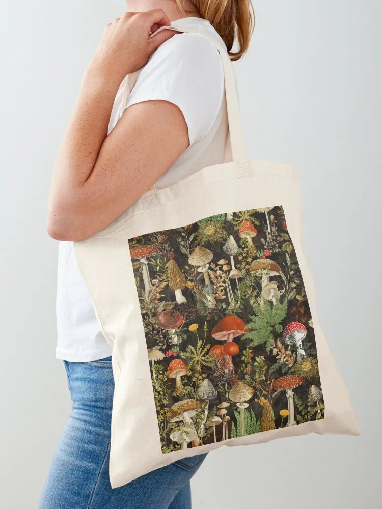 Vintage Midnight Mushrooms Forest Botanical Night Garden Pattern - Black Colorful Tote Bag Beach bag hand bag ladies