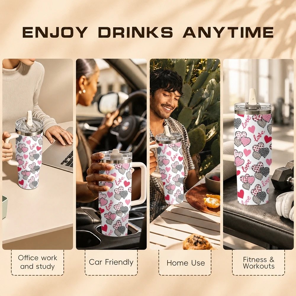 Heart Shapes and Love Vacuum Flasks 40oz Stainless Steel Tumbler with Handle Straw Lid Vacuum Insulated Double Wall Leak Proof