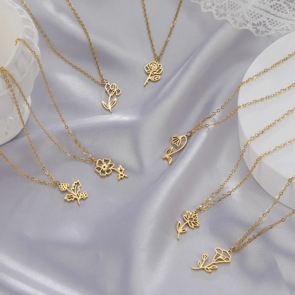 Skyrim 12 Birth Month Flower Necklace for Women Stainless Steel Floral Pendant Neck Chains Jewelry Mom Girlfriend Birthday Gifts