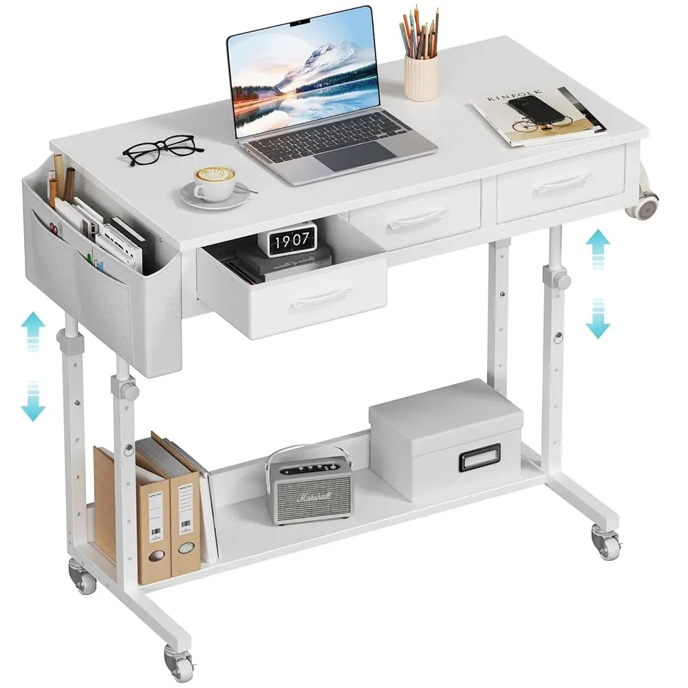 

White Portable Rolling Computer Desk - 40 H Adjustable Mobile Standing Desks With 3 Fabric Drawers On Wheels, Couch Sofa Side