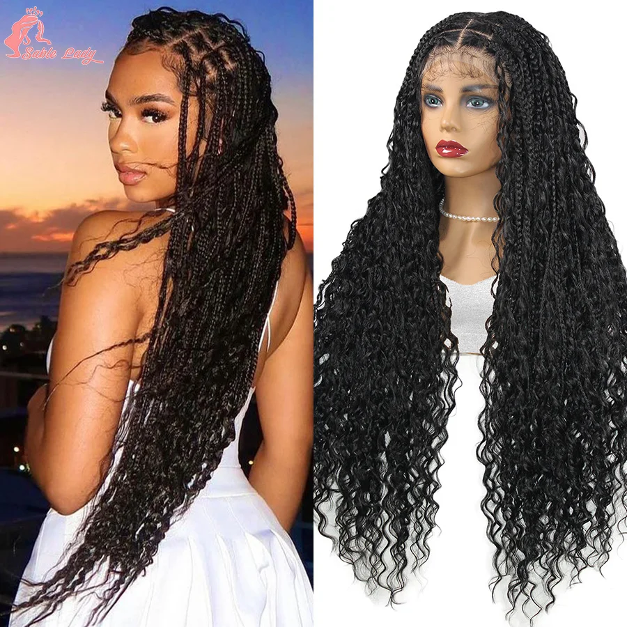 

Goddess Synthetic Full Lace Boho Braided Wig Knotless Box Braids Wig For Women 32inch Cornrow Braiding Wigs With Boho Curls ends