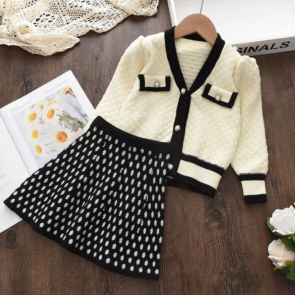 New New Design Baby Girls Autumn Korean Knitting Sweater Dress Orange Christmas Girl Two Piece Casual Suit Dress Girls Sweaters