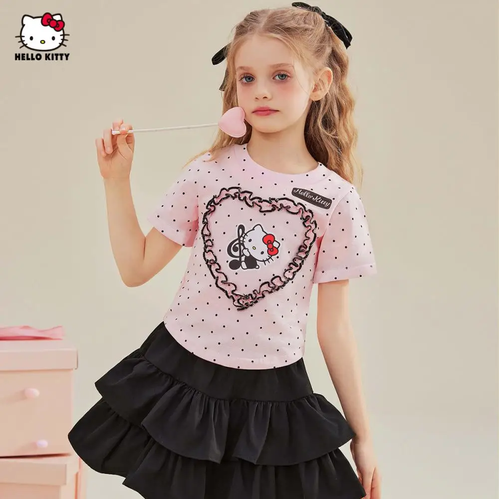 

Kawaii Sanrio Hello Kitty Girls Short Sleeve Summer Love T-Shirt Cartoon Sweet Sweatshirt Child Tops Children's T-Shirts 3-14 Y