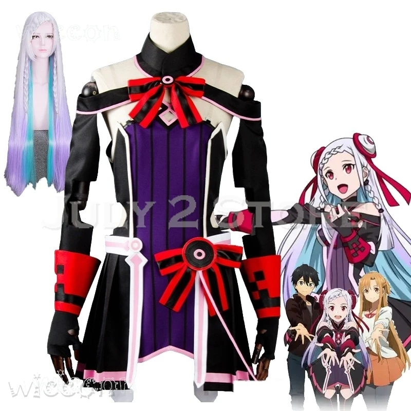 ソードアート・オンライン-ブラック・ユナ-コスプレ-アニメ-コスプレ衣装-ハロウィン-コンサート衣装-女性用ドレス-セット-ウィッグ-フルセット