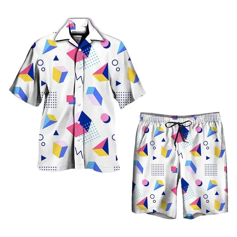 Street Men's Hawaiian Shirt Set Colorful Geometric Pattern Lapel Button Shirt And Beach Shorts Set Retro Casual Two-piece Set