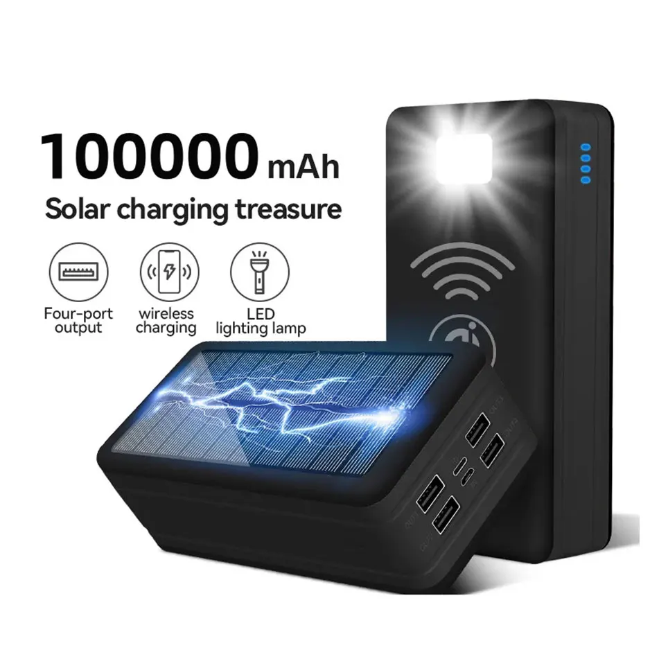 Solar Power Bank 100000mAh Solar Charging Mobile Phone Wireless Charging Large Capacity Battery External Battery Fast Charging