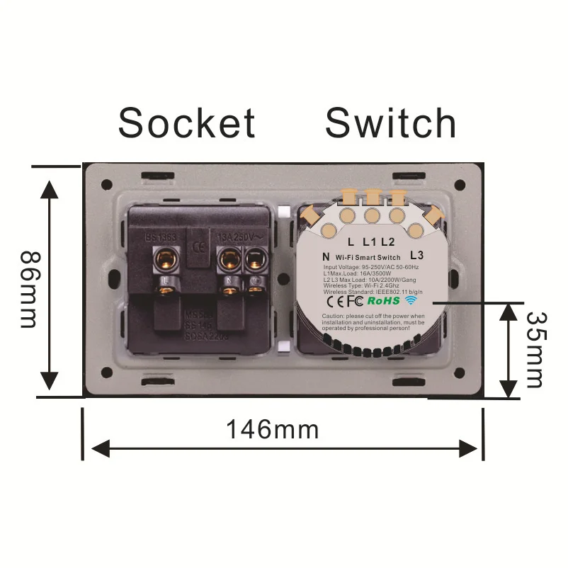 Tuya/Ewelink 1-2-3 Gang WiFi Smart Switch with Socket Crystal Glass panel 90~250V EU US Socket,UK Double USB Socket ,alexa