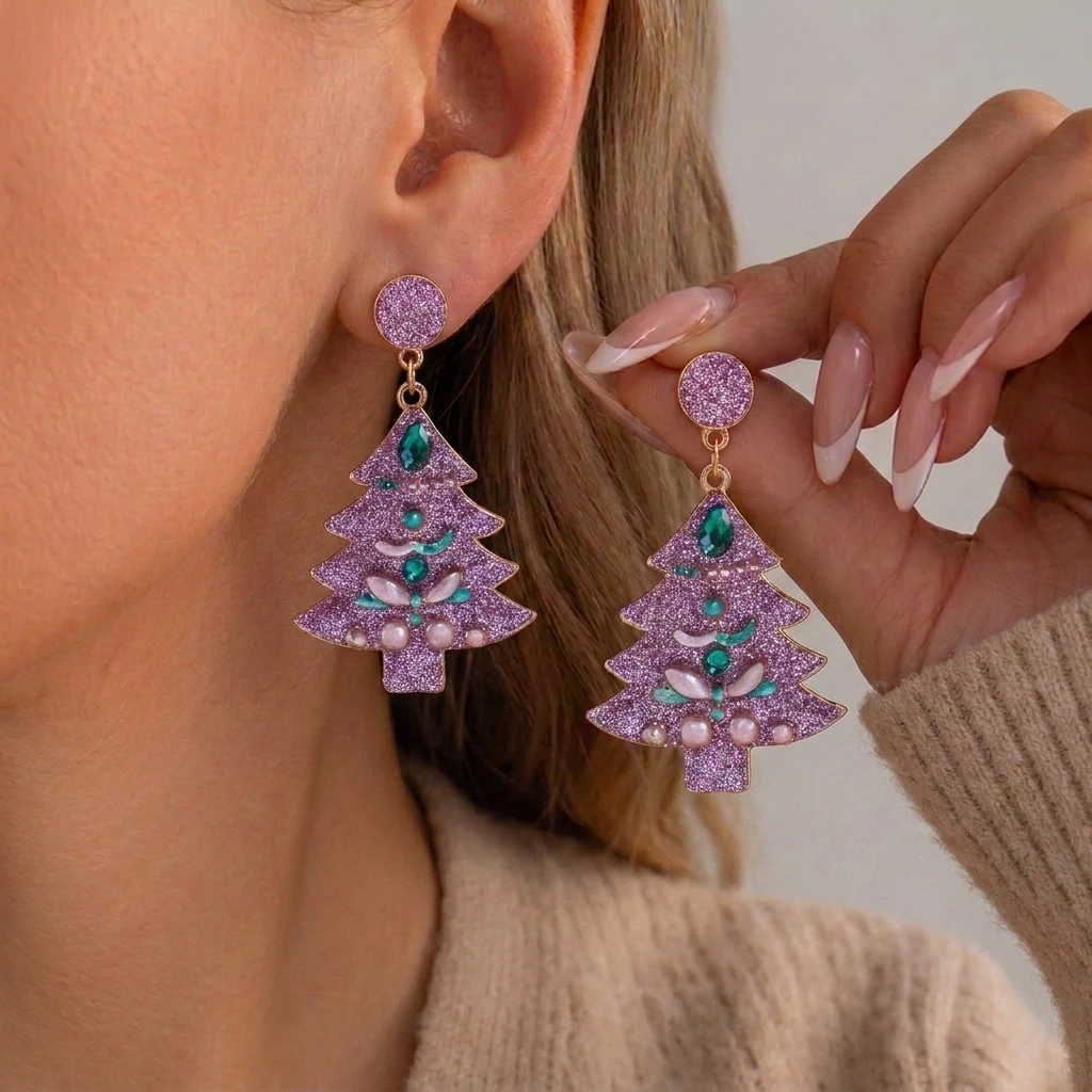 Luxuriöse Rosa Zirkon Weihnachtsbaum-Ohrhänger für Damen Niedliche Stern-Imitationsperlen-Ohrringe Ästhetischer Neujahrs-Schmuck – Detail 3