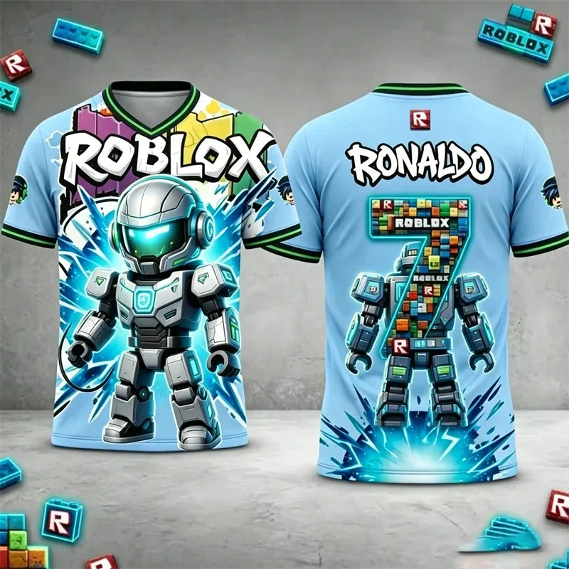 3D Roblox Roboter Kinder T-Shirt mit individuellem Namen für Jungen und Mädchen, Sommer Kurzarm Atmungsaktives Sport-Trikot, Lässiges Spiel-Print-T-Shirt, Geschenke