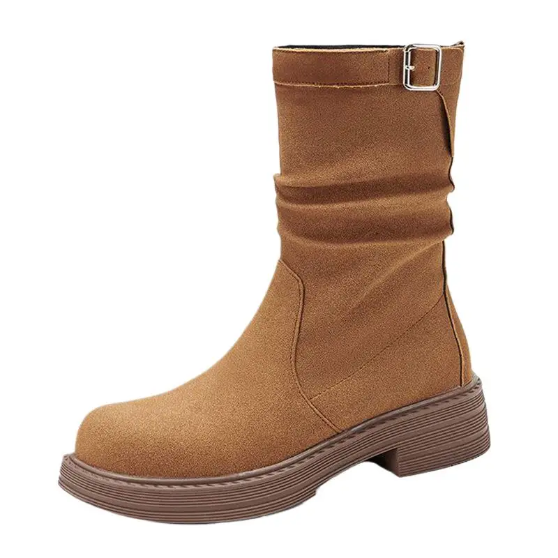 

ASILETO Classic Women Mid Calf Boots Round Toe Thick Heels 4cm Slip On Size 41 42 43 Vintage Soft Daily Bota