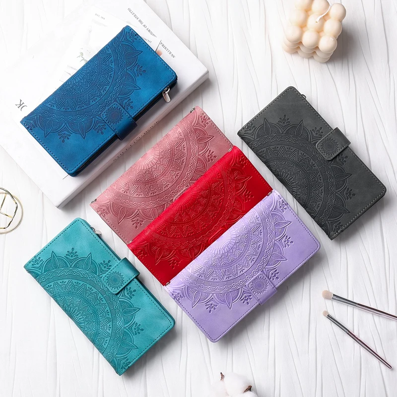 Funda de lujo tipo cartera con cremallera para iPhone 14 15 16 17 Pro Max Air 16E 13 12 11 Pro XR XS 7 8 SE, cuero en relieve con ranuras para tarjetas 6