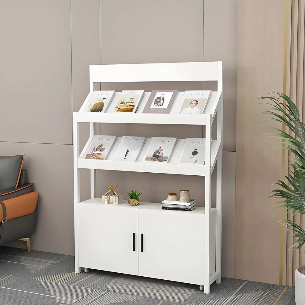 

3/4 Tier Standing Magazine Rack with Storage, Literature Display Stand, Newspaper Holder for Office Lobby or Waiting Room (White