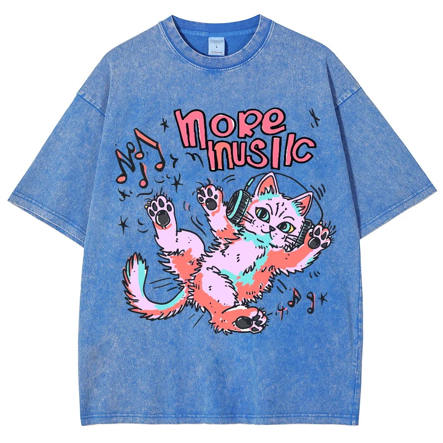 Music Cat Graphic Washed Tshirt Women Oversized O-neck T-shirt Hip Hop Street Male Female Sleeve College Couple Tee y2k Top