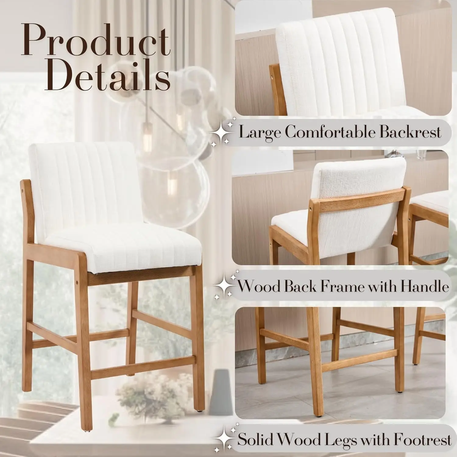 Heah-Yo Modern Upholstered Bar Stools Set Of 4, 26” Linen Counter Height Bar Stools With Back And Footrest,Bar Stools For