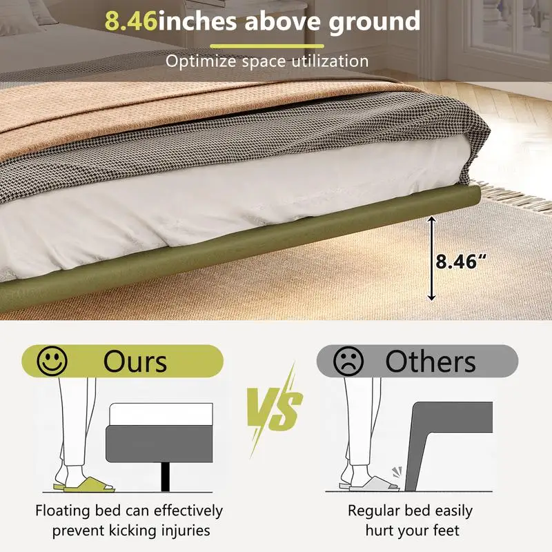 إطار سرير عائم مع ضوء LED، سرير حديث من جلد البولي يوريثان، لا حاجة إلى صندوق زنبركي، سهل التجميع، مقاس كوين، أنيق #6