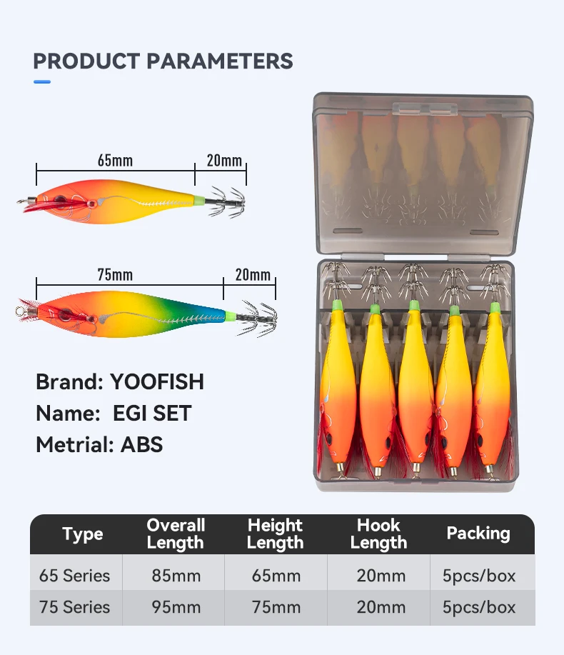 YOOFISH 5er-Set Tintenfisch-Jig-Köder 65mm 75mm Garnelenköder mit Leuchtschwanzhaken Angelköder Oktopus-Tintenfisch-Jigging-Haken für Salzwasser – Detail 2