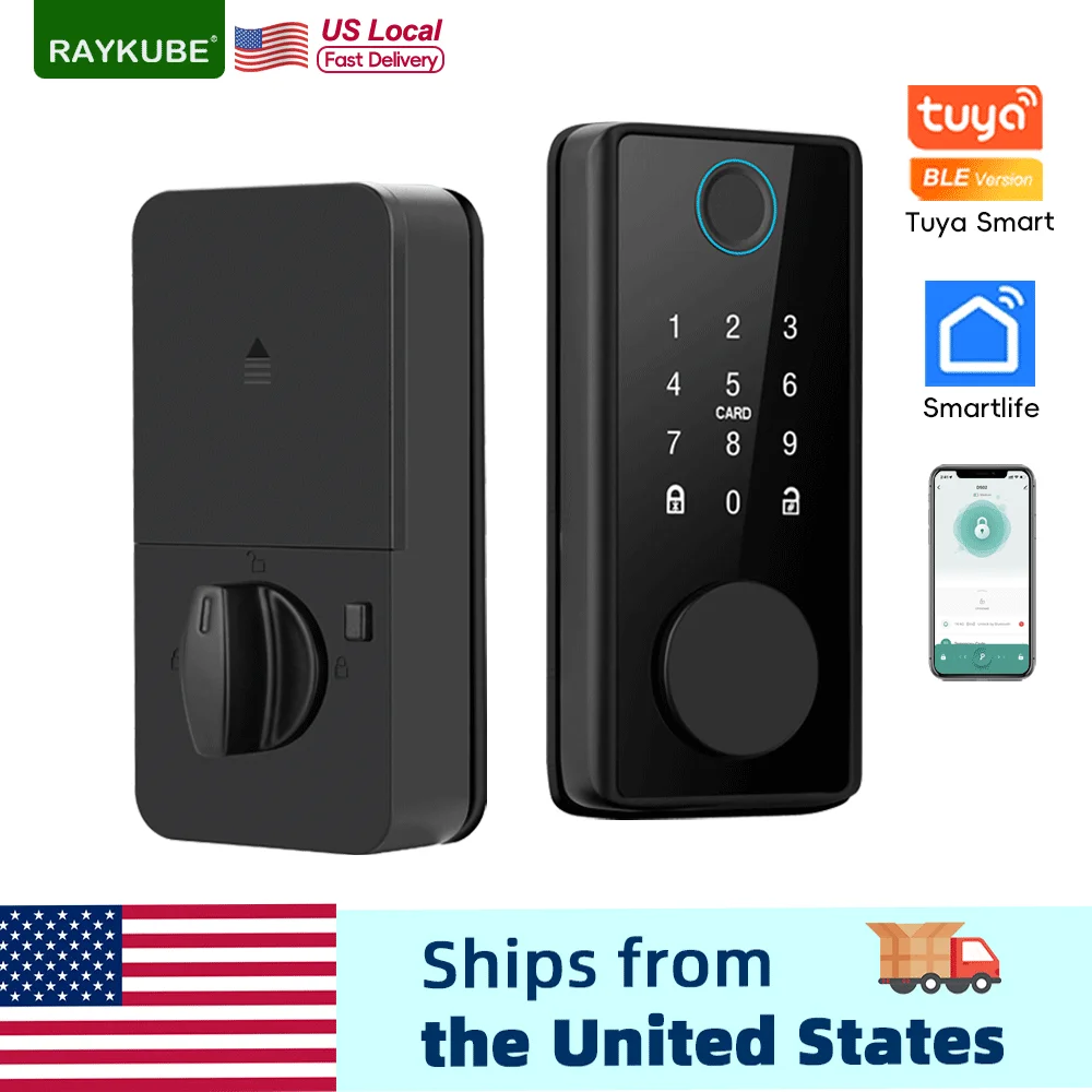 RAYKUBE DS01Tuya Smart Fingerprint Deadbolt Lock with Latch/Door Sensor Auto Lock Key/Password/Card/ Tuya APP Unlock From US