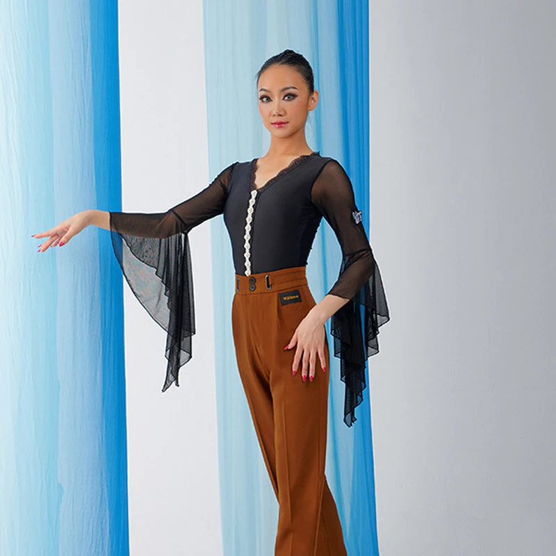 

Black Ruffled Sleeves Latin Dance Tops Women Waltz Ballroom Dance Costume National Standard Modern Dancing Clothes SL9049