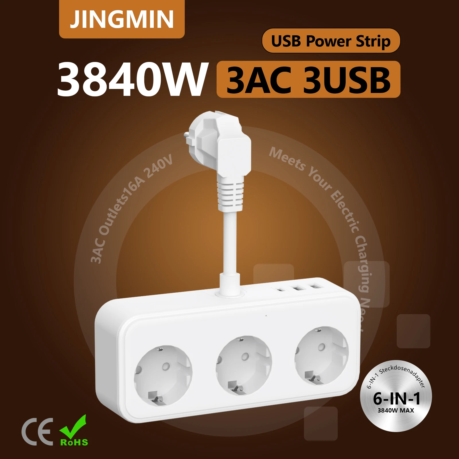 

EU Plug Power Strip with 2 USB A Port 1 Type C And 3 AC Outlet 0.5M Fast Charge Electrical Socket Extension Cable For Home 3800W