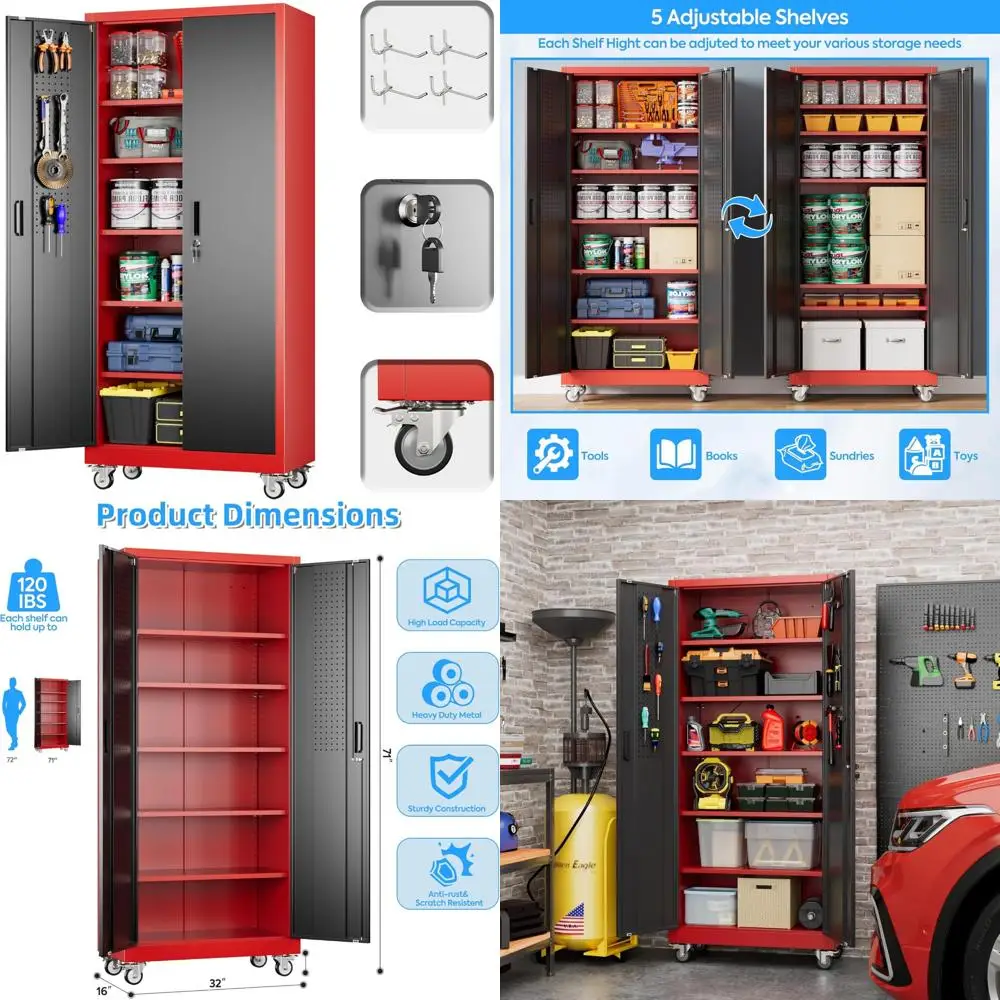 Gabinete de almacenamiento de metal con cerradura ajustable de 5 estantes con ruedas, 71 alto x 32 ancho x 16D, almacenamiento de garaje con ganchos y tablero perforado