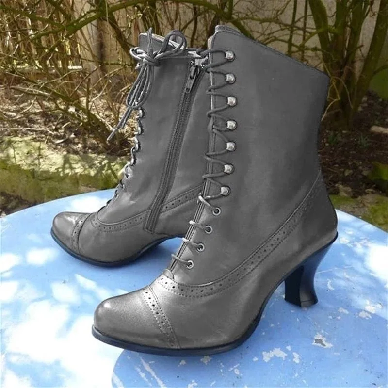 2022 New Winter Lace Up Ladies High Heel Shoes Motocycle Boot Victorian Boots Women Fashion Pointed Toe Thick Soled Short Boot43