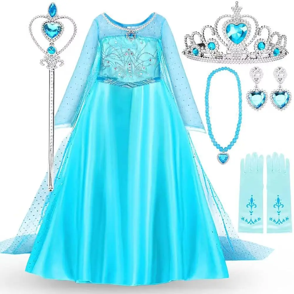 Vestido de Princesa Elsa de Frozen para Niñas con Corona, Varita Mágica, Guantes, Collar, Pendientes, Anillo y Set de Accesorios para el Cabello