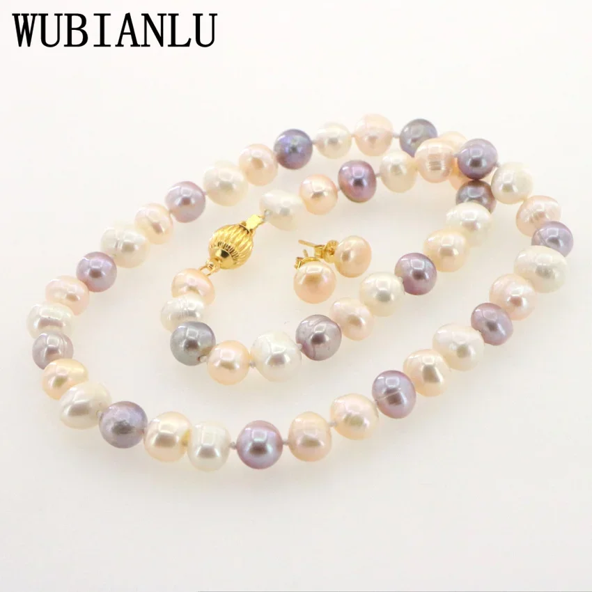 WUBIANLU Charming Women Hot Sale 8-9mm Purple Pink Akoya Cultured Pearl Necklace 45cm Earring Jewelry Wholesale And Retail