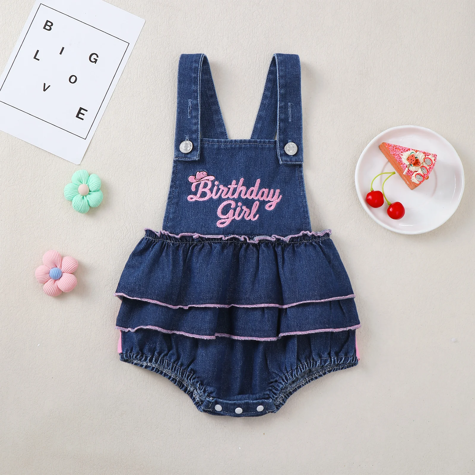 Baby Girl's Denim Overalls with Embroidered Letters for First Birthday Triangle Romper with Straps Infant Clothing