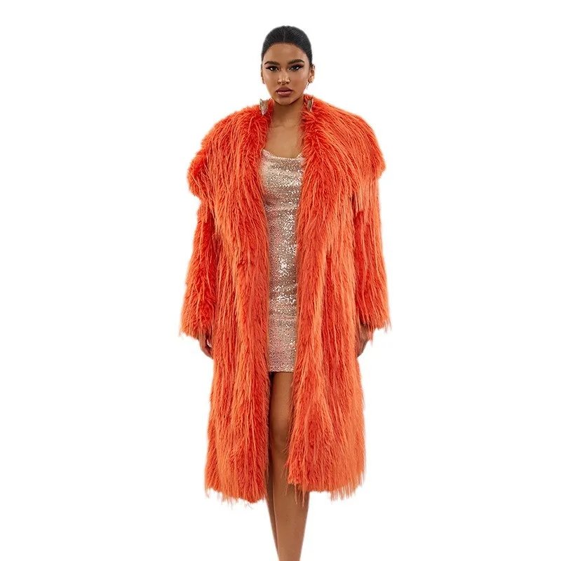 Manteau en fausse fourrure Orange pour femme, veste d'hiver à revers, manteaux moelleux, longs, en fourrure artificielle, à la mode, avec pompon, nouveaux vêtements d'extérieur, 2024