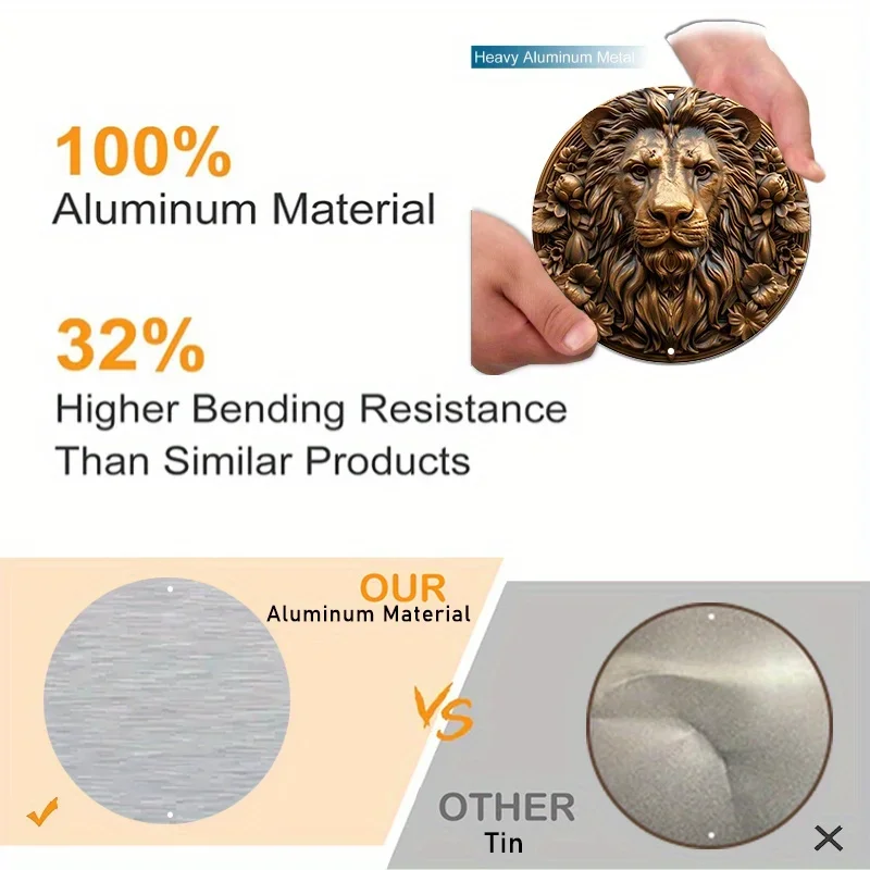 Round Waterproof Aluminum Metal Sign, Weather-Resistant Outdoor Wall Decor, Textured Lion Sculpture, Home Decoration, High-Qua