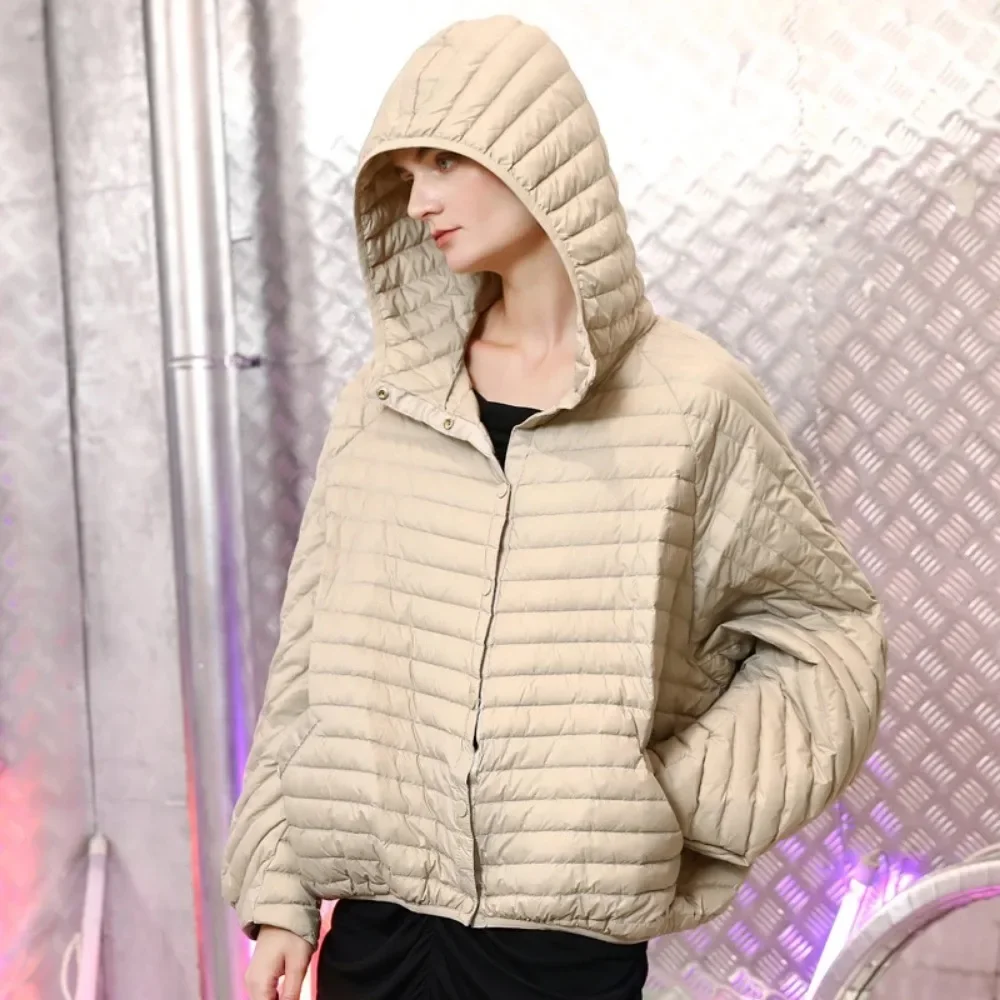 Oversize Hood Puffer Jacket 2024 Winter Vintage Women Female Casual Ultra Light Lantern Sleeve 90%White Duck Down Coat Feather