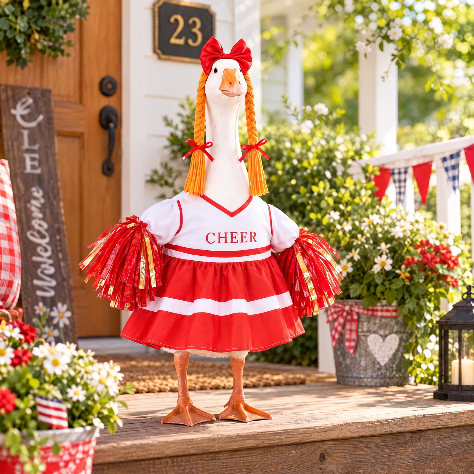 Cheerleader Porch Goose Outfit with Dress and Wig Lawn Goose Clothes Decorative Goose Costume for 23