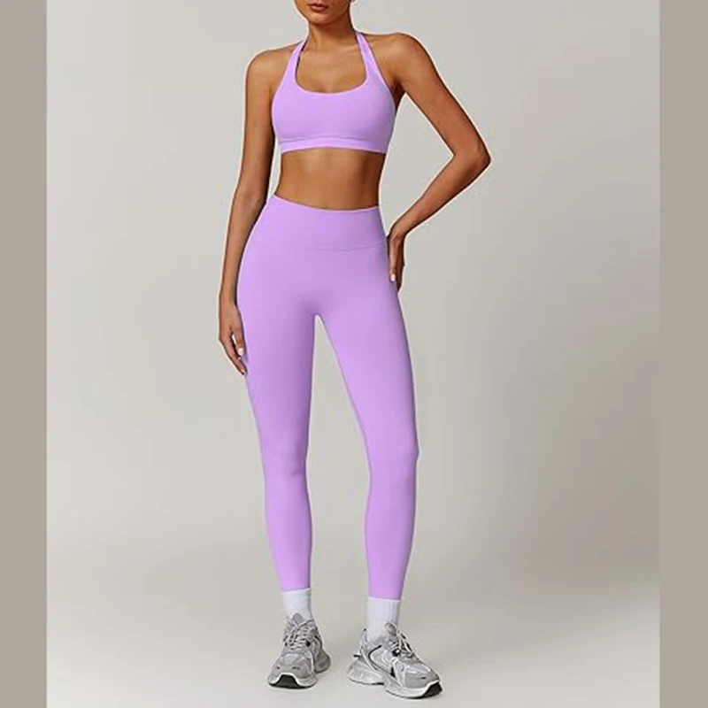 กางเกงเลกกิ้งยกกระชับสะโพกสำหรับผู้หญิง 2 ชิ้น พร้อมสปอร์ตบราแบบกระชับสูง