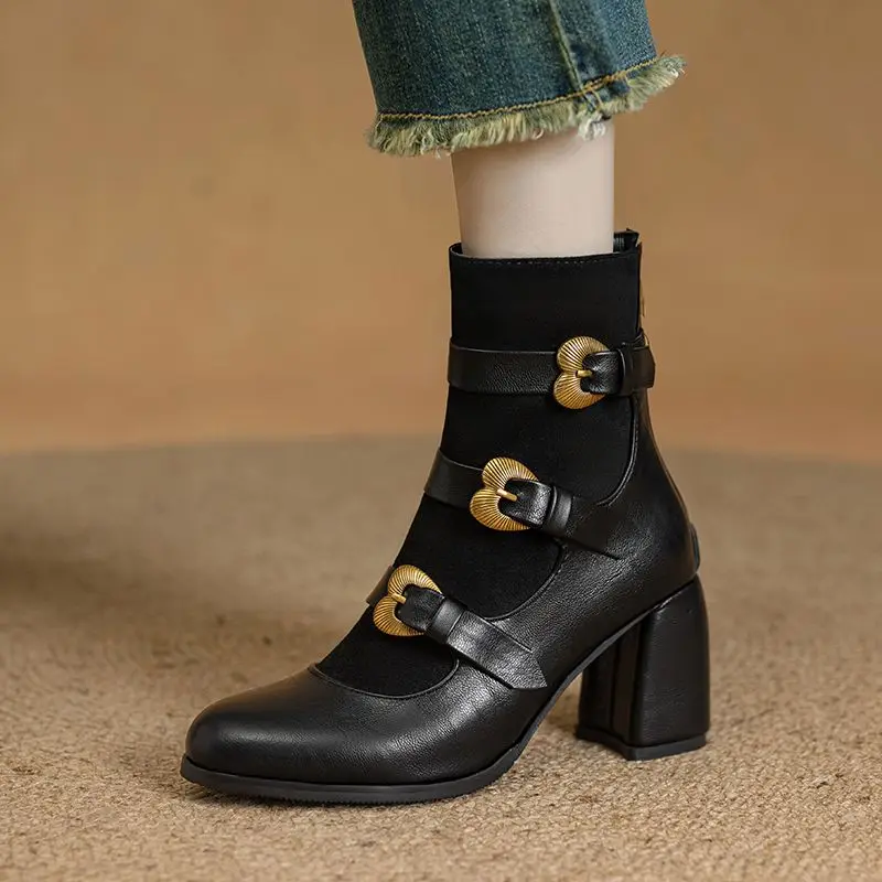 REAVE CAT 2024 New Ankle Boots Round Toe Chunky Heels 7.5cm Zipper Belt Buckle Splice Large Size 50 51 52 Fashion Dating Booties