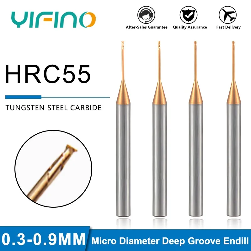 YIFION HRC55 2-Flute 50.0mm Length Tungsten Steel Endmills For CNC Machining 0.3-0.9mm Micro Diameter Deep Groove Milling Cutter