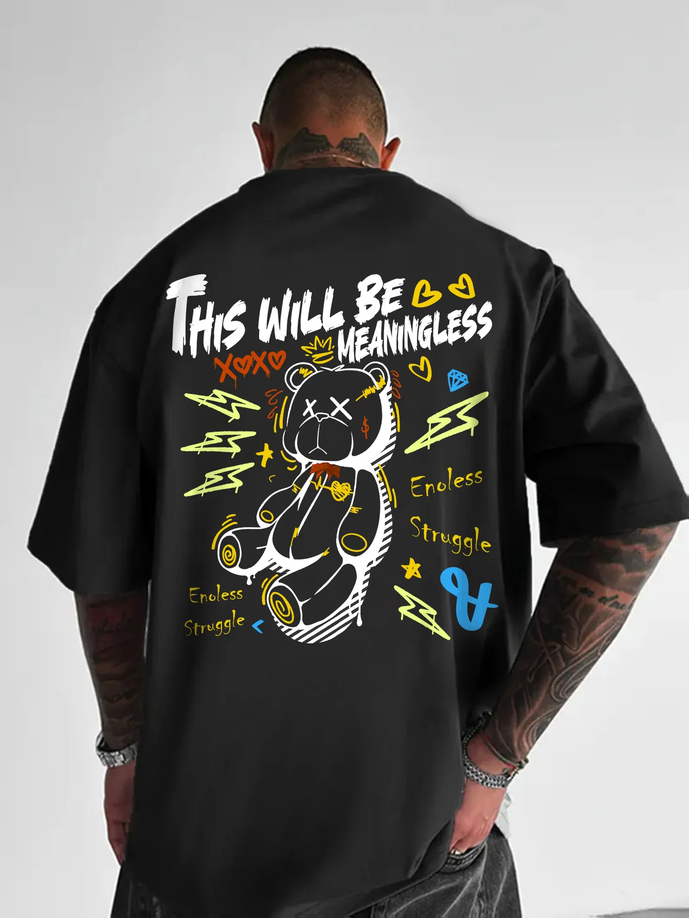 T-shirt surdimensionné pour homme avec motif d'ours 'Meaningless', tee-shirt col rond imprimé au dos style streetwear Y2K, haut décontracté esthétique grunge pour homme