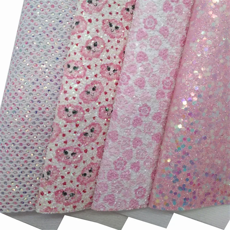 Pink Flowers Clound Printed Chunky Glitter Leather Fabric Sheets Felt Backing Glitter Fabric Faux Leather For Bow 21x29CM Q1816