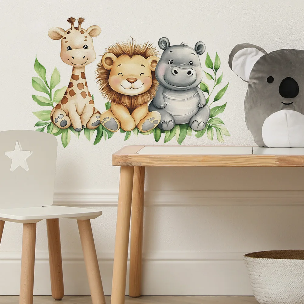 Cartoon Giraffe Lion Hippopotamus Wall Sticker Kids Room Bedroom Background Decoration Wallpaper Home Decor Self-adhesive Decals