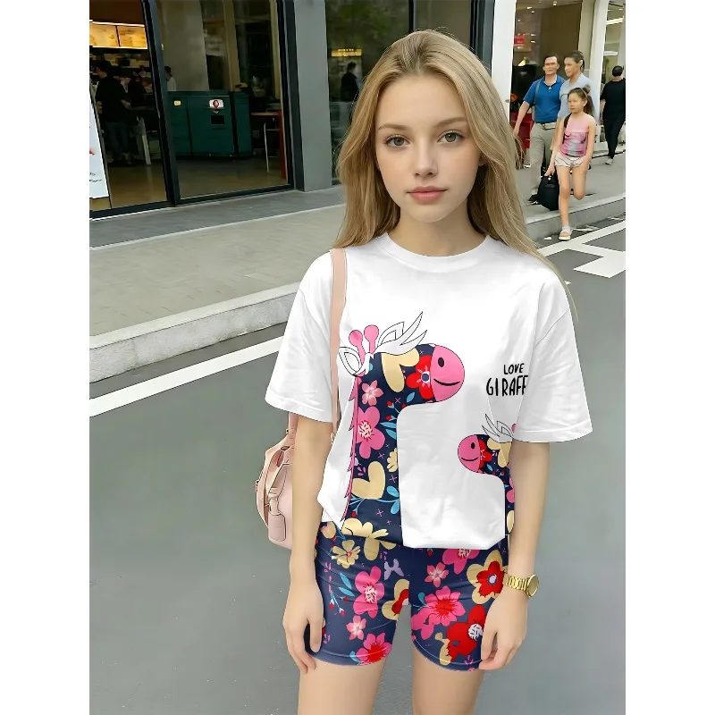 Cute Neon Bear Print Casual Two-Piece Set Summer Short-Sleeve T-Shirt and Shorts Suitable for Birthday Gifts and Casual Wear