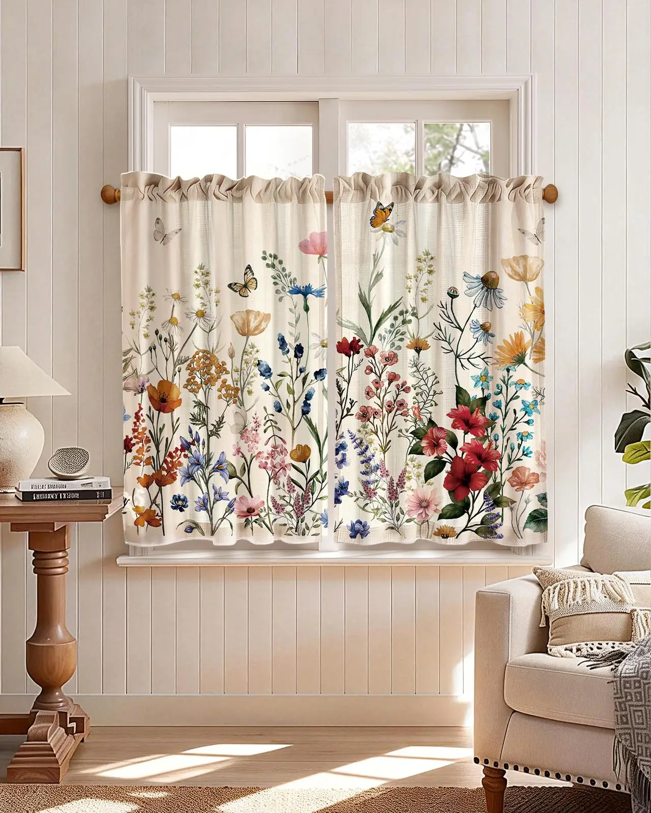 2Pcs Linen Blend Vintage Floral Curtains Small Window Treatments36 Inch Length Curtains Rod Pocket for Kitchen Bathroom Cafe