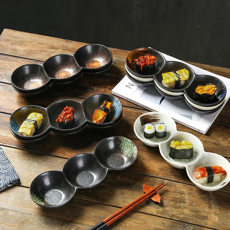 

Ceramic Triple Compartment Sauce Bowl for Hot Pot Sushi BBQ with 3 Divider Plates