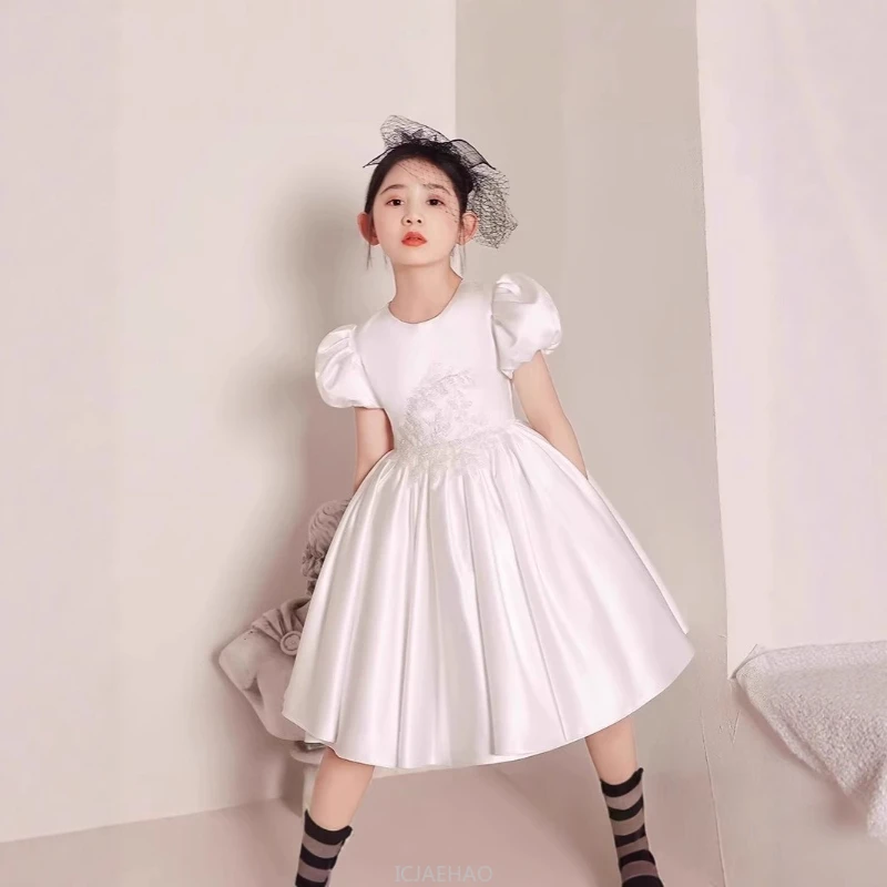 

2025 Children White Satin Girls Princess Dress Flower Girl Wedding Gown Kids Costume Birthday Party Piano Recital Pageant Outfit