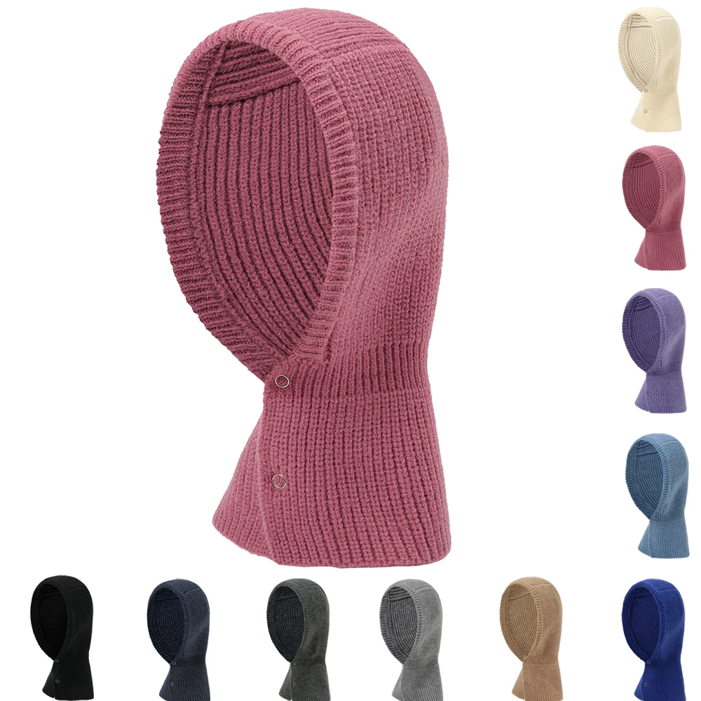 Unisex Knitted Autumn Winter Head Hood Warm Neck Collar Cap Solid Men Women Snood Shawl Wraps Windproof Hat With Button Decor