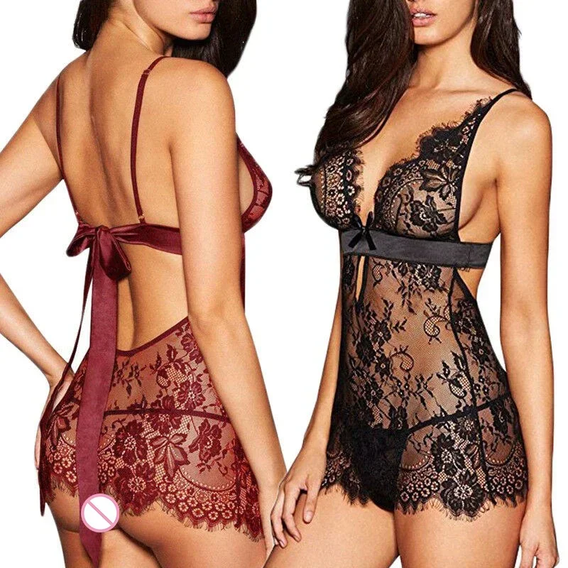 Porn Lace Babydoll Women Sexy Lingerie Dress Backless See Through Nightdress Nightgown Sleepwear Erotic Underwear