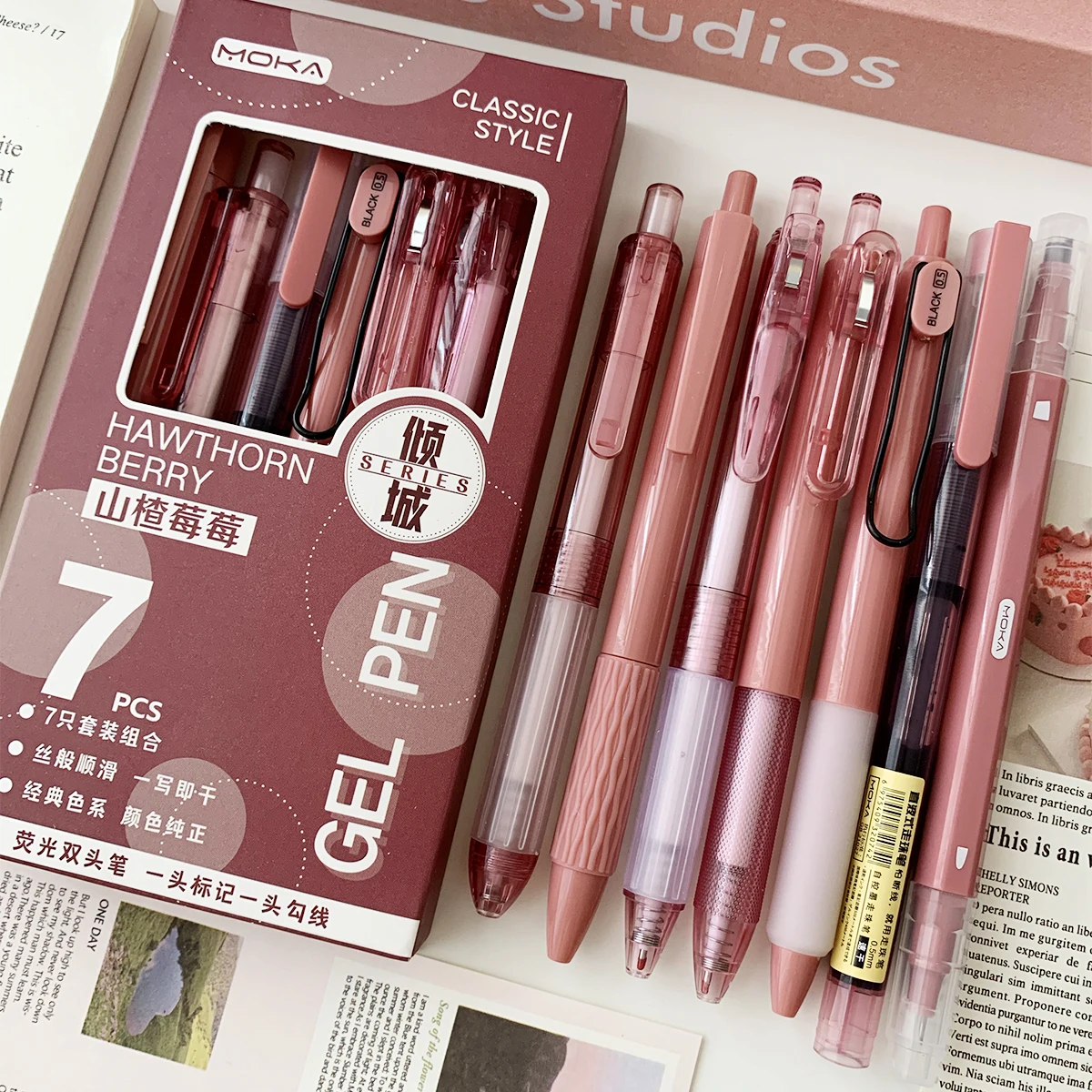 

7pcs Hawthorn Berry Red Gel Pens, 0.5mm ST Nib Black Ink, Quick-Drying for School Office