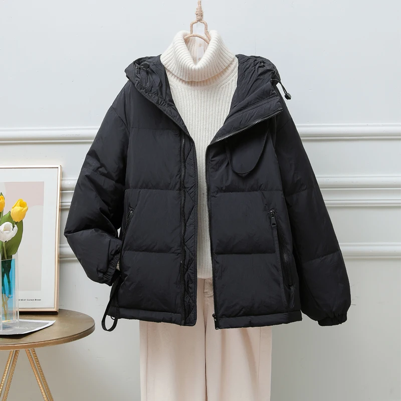 

New Solid High Quality White Duck Down Jacket Women Short Hooded Fashion Warm Pockets Puffer Coat Tide Outerwear Female Winter