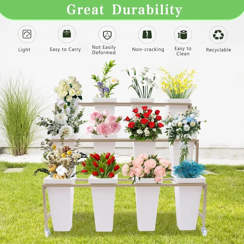 Flower Display Stand With 12PCS Buckets,3 Layers Plant Cart with Wheels,Heavy Duty Moving Flower Rack for Indoor, Outdoor Patio